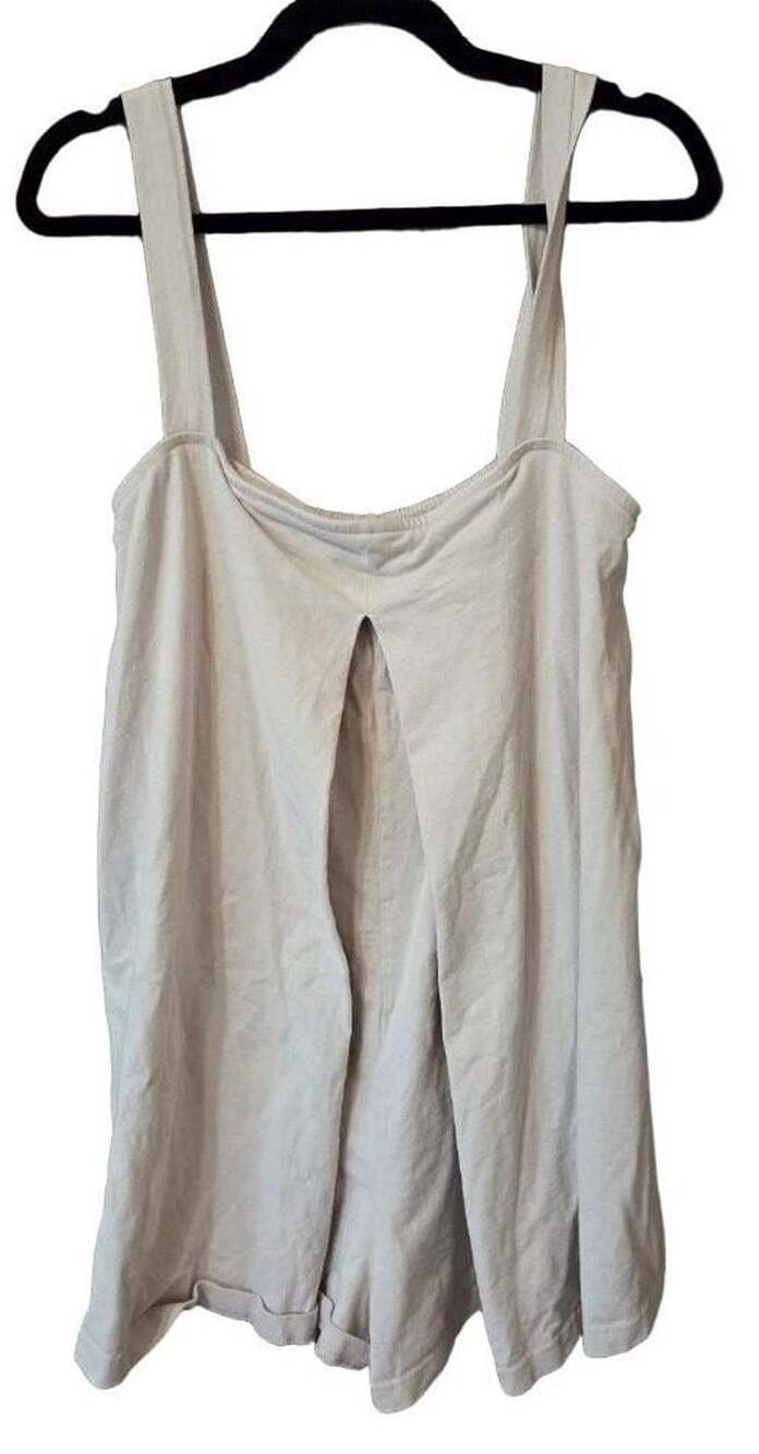 Free People Beach Romper Size L/G Beige Slit Back Overalls Pockets